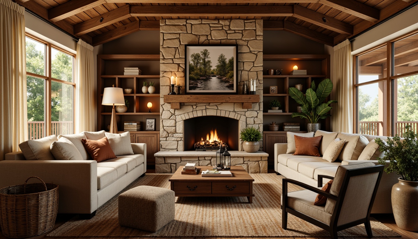 Prompt: Cozy rustic family room, wooden accents, natural stone fireplace, plush sofas, vintage armchairs, distressed wood coffee table, woven baskets, earthy tone rugs, lantern-style lighting, warm candlelight, rich leather upholstery, reclaimed wood shelves, nature-inspired artwork, warm beige walls, soft cream-colored curtains, comfortable oversized pillows, warm golden lighting, shallow depth of field, 3/4 composition, realistic textures.