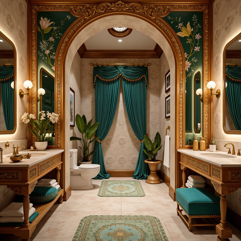 Prompt: Opulent powder room, lavish furnishings, intricately carved wooden panels, ornate mirrors, delicate filigree patterns, soft golden lighting, luxurious velvet drapes, elegant marble countertops, antique bronze fixtures, whimsical botanical illustrations, flowing organic lines, sinuous curves, vibrant turquoise accents, exquisite mother-of-pearl inlays, dramatic archways, plush area rugs, warm beige tones, 1/2 composition, shallow depth of field, soft focus effect.