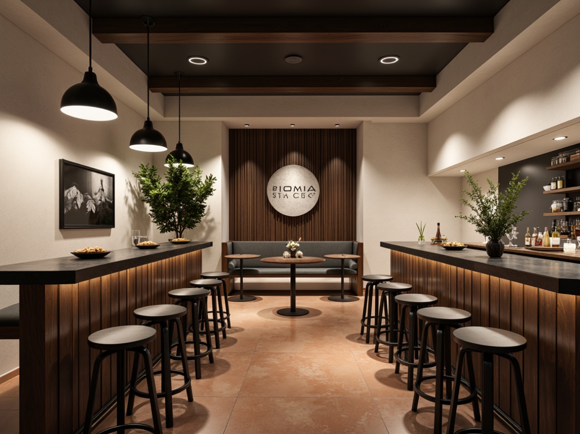 Prompt: Monochromatic pub interior, neutral tones, soft beige walls, rich wood accents, matte black countertops, minimalist lighting fixtures, sleek metal stools, earthy terracotta floors, natural textures, subtle branding elements, industrial-chic decor, warm ambient lighting, shallow depth of field, 1/2 composition, realistic render, atmospheric mist.