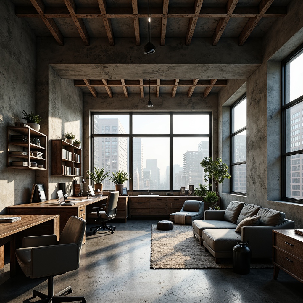 Prompt: Industrial chic home office, brutalist architecture, concrete walls, metal beams, reclaimed wood accents, minimalist decor, functional furniture, ergonomic chairs, spacious desk areas, abundant natural light, high ceilings, urban cityscape views, gritty textures, moody color palette, dramatic shadows, 1/1 composition, low-key lighting, atmospheric fog effect.