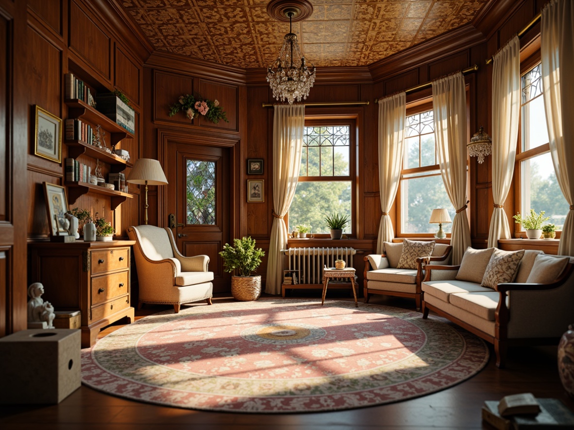 Prompt: Whimsical Victorian-style kids' room, rich wood paneling, ornate furnishings, plush carpets, intricate patterns, soft warm lighting, table lamps, floor lamps, string lights, crystal chandeliers, stained glass windows, natural fabrics, floral motifs, pastel colors, delicate lace curtains, antique furniture pieces, vintage toys, cozy reading nooks, sunny afternoon, warm golden light, shallow depth of field, 1/2 composition, soft focus, realistic textures, ambient occlusion.