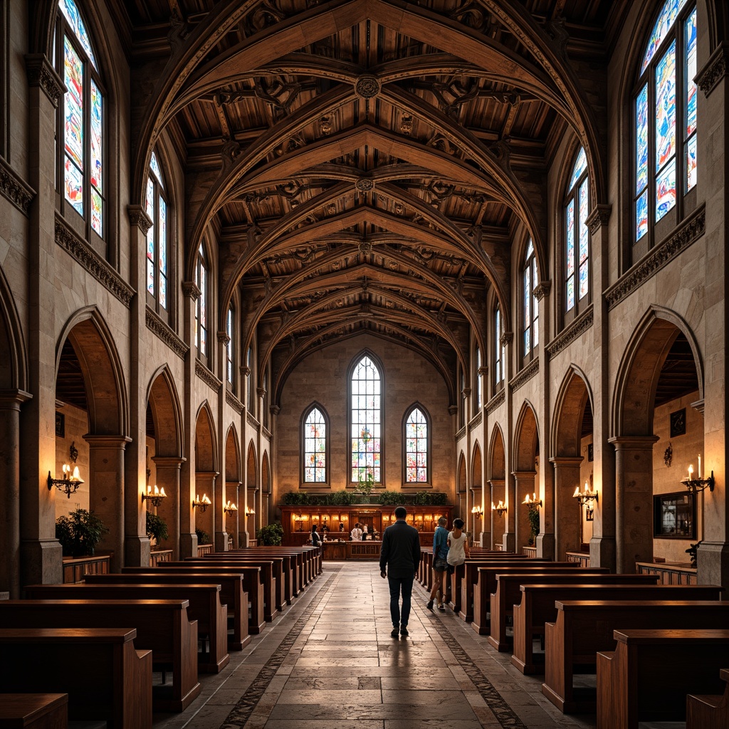 Prompt: Richly ornate institute interior, grandiose vaulted ceiling, majestic stone walls, intricate gothic arches, vibrant stained glass windows, kaleidoscopic colors, diffused warm lighting, ornate wooden pews, lavish furnishings, regal atmosphere, mystical ambiance, dramatic shadows, soft focus blur, shallow depth of field, 1/2 composition, symmetrical framing, realistic textures, ambient occlusion.