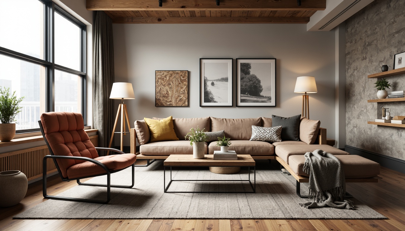 Prompt: Mid-century modern living room, sleek low-profile sofa, tufted velvet armchair, reclaimed wood coffee table, industrial metal legs, minimalist decor, soft warm lighting, natural textiles, earthy color palette, geometric patterns, Scandinavian-inspired accents, cozy throw blankets, plush area rug, large windows, urban loft atmosphere.