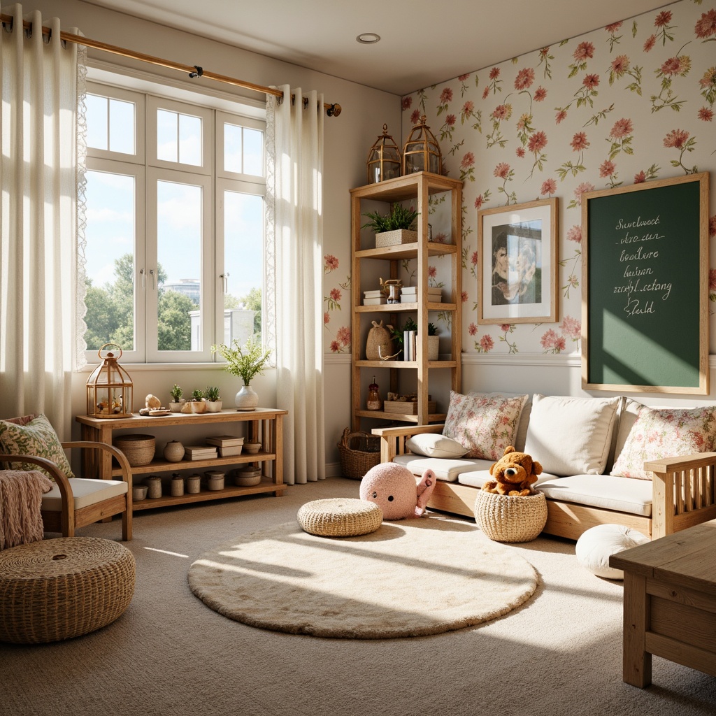 Prompt: Whimsical kindergarten, distressed wood furniture, soft pastel colors, vintage-inspired decor, floral patterns, ruffled curtains, plush toys, cozy reading nooks, natural woven baskets, wooden alphabet blocks, chalkboard walls, warm beige carpets, oversized pillows, antique metal lanterns, delicate lace trim, creamy whites, weathered wood accents, warm sunny lighting, shallow depth of field, 1/1 composition, intimate atmosphere.