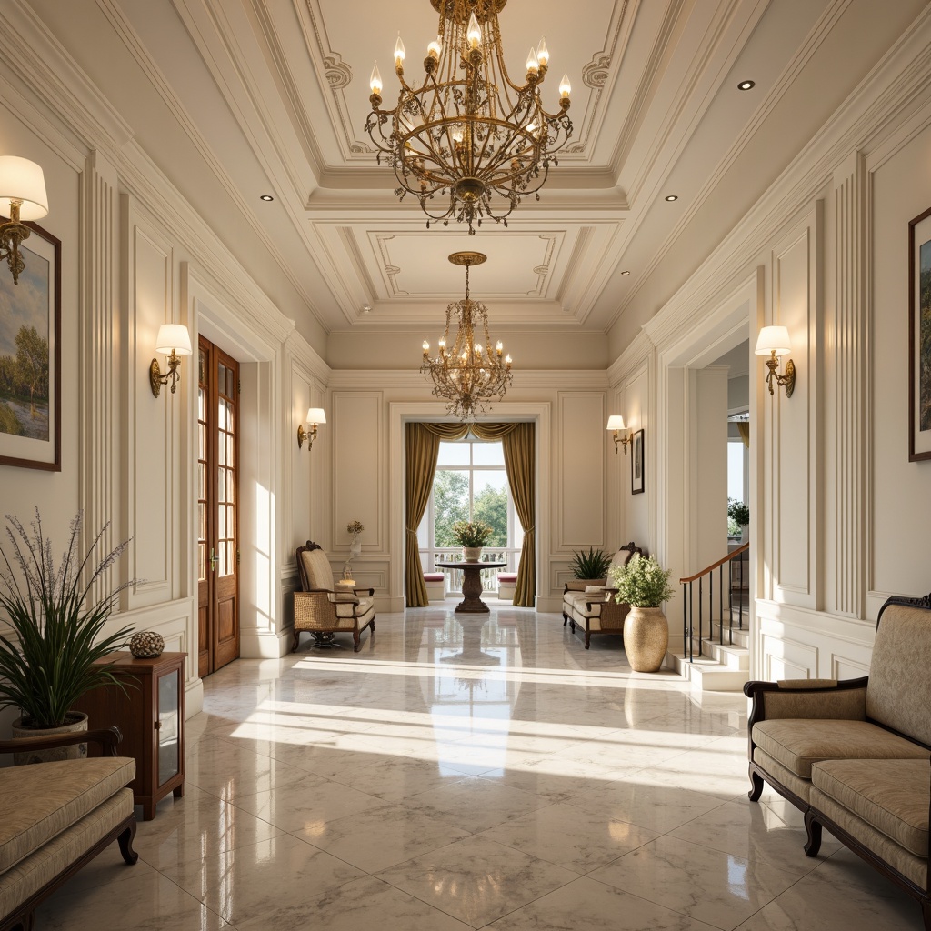 Prompt: Elegant chandelier, ornate sconces, warm soft lighting, creamy whites, rich gold accents, luxurious fabrics, intricate moldings, high ceilings, grand staircases, marble floors, classical columns, refined furniture pieces, subtle shadows, ambient glow, 1/1 composition, shallow depth of field, realistic textures, warm color temperature, gentle highlights.