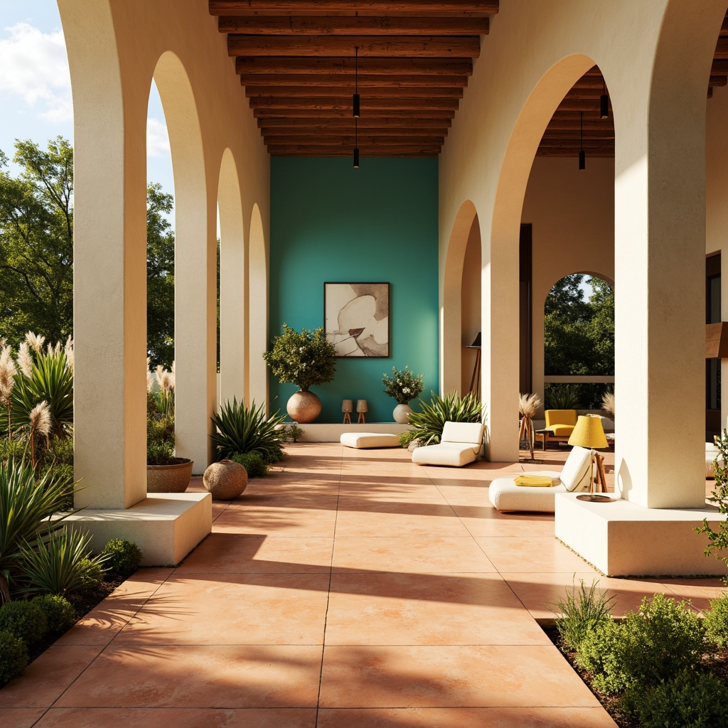 Prompt: Warm terracotta flooring, soft cream walls, rich wood accents, elegant archways, vibrant turquoise hues, sunny yellow highlights, natural stone columns, lush greenery, airy open spaces, modern minimalist furniture, sleek chrome fixtures, warm ambient lighting, shallow depth of field, 3/4 composition, panoramic views, realistic textures, ambient occlusion.