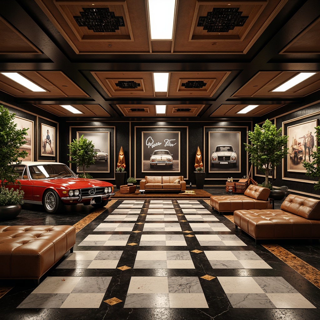 Prompt: Art Deco family garage, sleek geometric patterns, luxurious materials, high-gloss finish, black and white marble flooring, inlaid wood designs, hexagonal tiles, metallic accents, ornate borders, vintage car displays, rich leather furniture, polished chrome fixtures, soft warm lighting, atmospheric shadows, 1/1 composition, realistic reflections, subtle texture details.