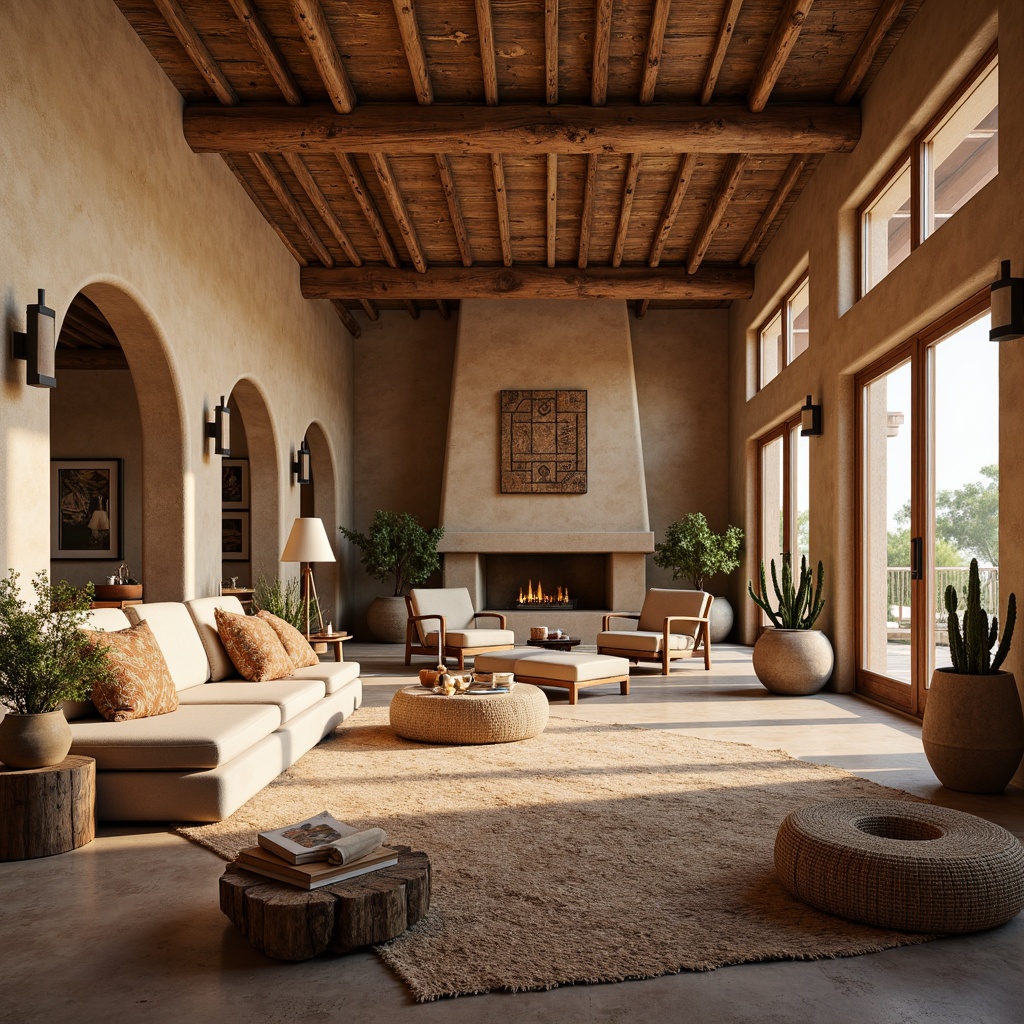 Prompt: Southwestern-style interior, earthy tone color palette, rustic wooden accents, vintage Native American patterns, woven textiles, natural stone flooring, adobe-inspired architecture, spacious open layout, high ceilings, clerestory windows, abundant natural light, warm cozy ambiance, comfortable plush furnishings, desert botanicals, potted cacti, succulent arrangements, earthy scents, soft gentle lighting, 1/2 composition, atmospheric perspective, realistic renderings.