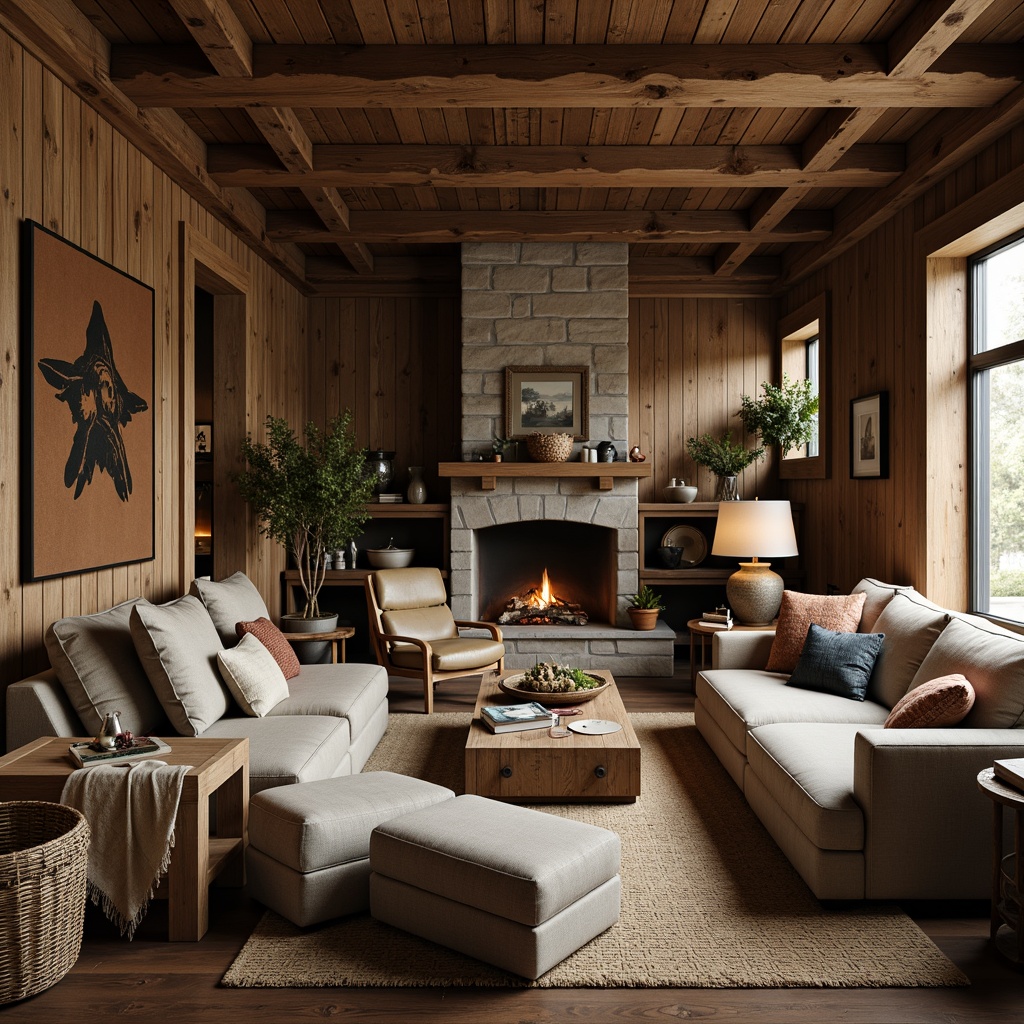 Prompt: Rustic family room, wooden accents, distressed finishes, earthy tones, plush couches, oversized armchairs, natural fabrics, woven baskets, vintage decor, stone fireplace, wooden beam ceiling, warm ambient lighting, soft shadows, cozy atmosphere, 1/1 composition, intimate scale, realistic textures, subtle grain details.