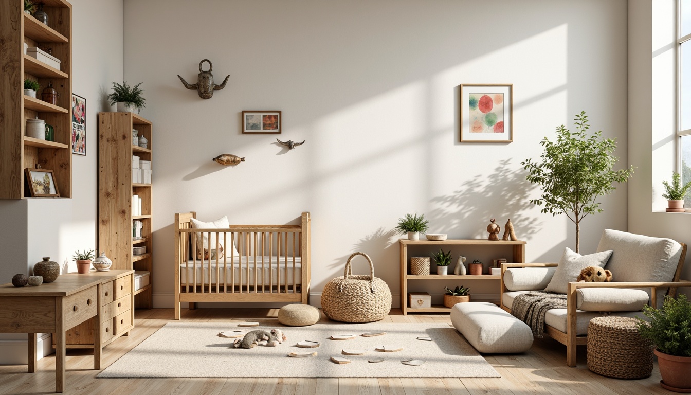 Prompt: Whimsical nursery, distressed wood accents, vintage baby blocks, soft plush toys, woven baskets, natural linen fabrics, creamy white walls, warm beige floors, rustic wooden cribs, antique metal fixtures, earthy terracotta pots, lush greenery, delicate florals, watercolor-inspired artwork, gentle morning light, shallow depth of field, 1/2 composition, cozy atmosphere, realistic textures, ambient occlusion.