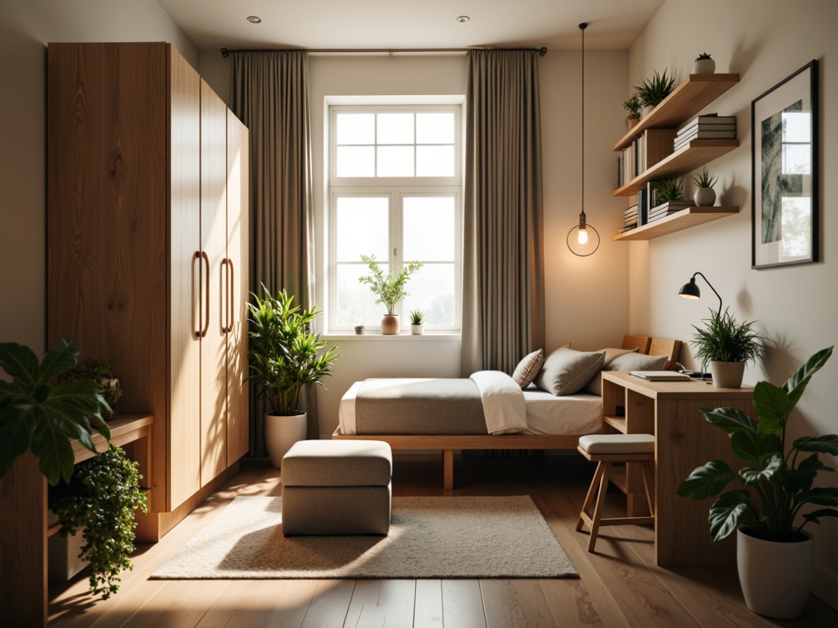 Prompt: Cozy dorm room, compact furniture, space-saving design, multi-functional desk, comfortable bedding, storage ottoman, modern bookshelf, minimal decor, natural wood tone, soft warm lighting, shallow depth of field, 1/2 composition, realistic textures, ambient occlusion, vibrant green plants, calm atmosphere.