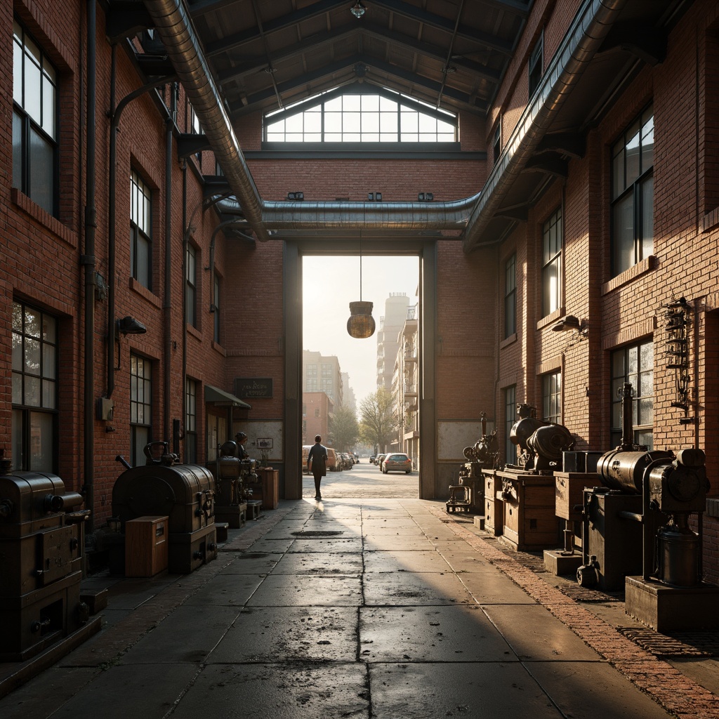 Prompt: Rustic factory setting, exposed brick walls, metal beams, industrial pipes, reclaimed wood accents, distressed concrete floors, vintage machinery parts, urban cityscape, misty atmosphere, warm golden lighting, shallow depth of field, 1/2 composition, realistic textures, ambient occlusion.