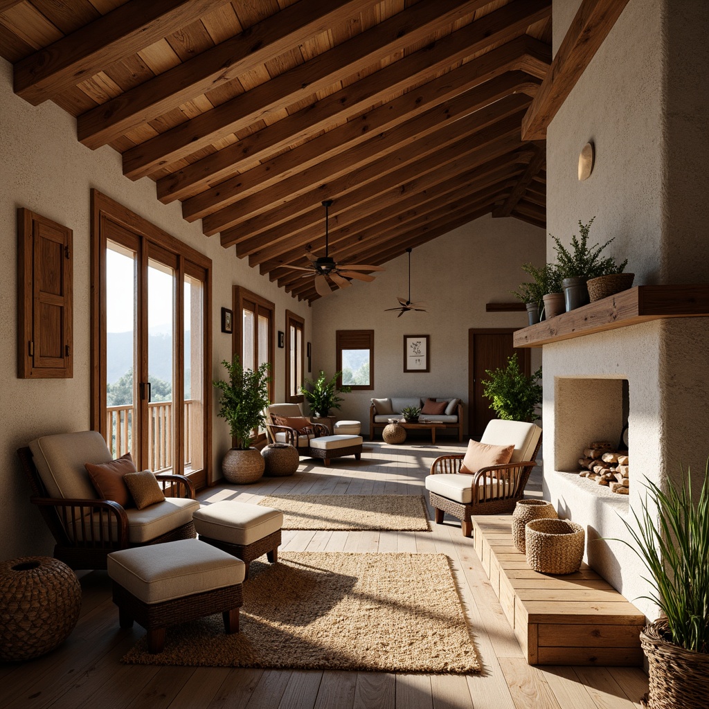 Prompt: Rustic wooden cabins, natural stone walls, earthy color palette, reclaimed wood accents, woven wicker furniture, jute rugs, potted plants, wooden shutters, pitched roofs, cozy fireplaces, warm soft lighting, 1/2 composition, shallow depth of field, realistic textures, ambient occlusion.