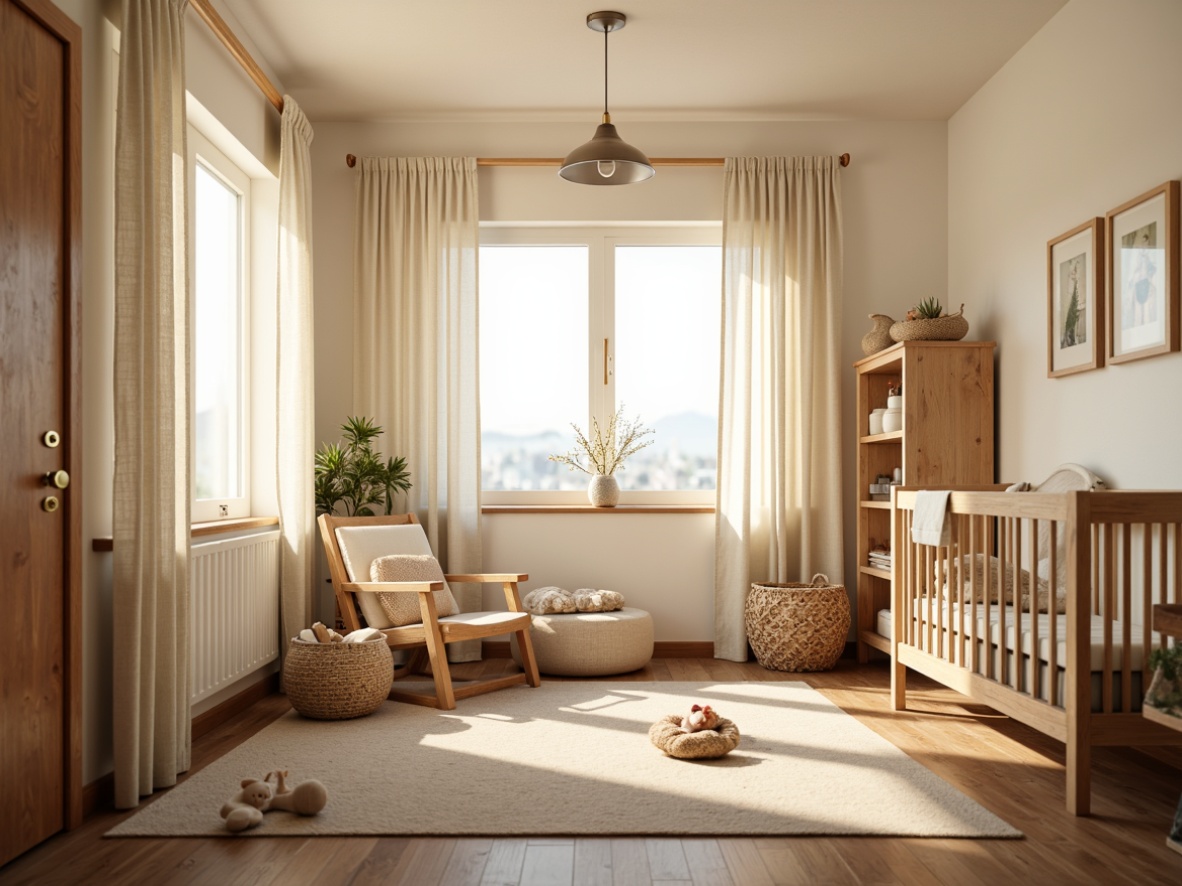 Prompt: Cozy baby room, vernacular style, soft warm lighting, cream-colored walls, wooden furniture, plush toys, delicate curtains, gentle lamp shades, warm beige flooring, natural textiles, woven baskets, earthy tones, rustic wood accents, minimal ornaments, calming atmosphere, subtle shadows, shallow depth of field, 1/1 composition, intimate view, realistic textures, ambient occlusion.