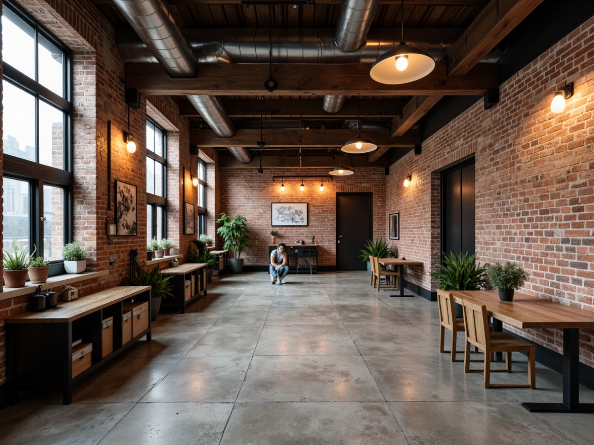 Prompt: Exposed brick walls, metal beams, reclaimed wood accents, vintage industrial equipment, distressed concrete floors, urban loft atmosphere, industrial-style lighting fixtures, metal shades, Edison bulbs, exposed ductwork, rustic metal lamps, functional decor, minimalist aesthetic, neutral color palette, soft warm glow, high ceilings, open space, 3/4 composition, realistic textures, ambient occlusion.