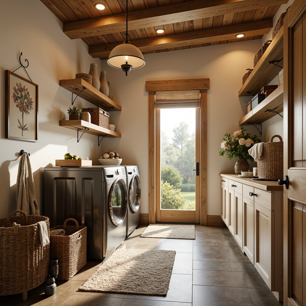 Prompt: Cozy craftsman-style laundry room, warm wooden accents, soft cream-colored walls, rustic metal fixtures, vintage-inspired lighting, pendant lamps, recessed ceiling lights, natural linen shades, woven baskets, earthy tone flooring, plush area rugs, industrial-sized washing machines, drying racks, built-in shelving, decorative storage crates, warm golden lighting, soft shadows, shallow depth of field, 1/1 composition, realistic textures.