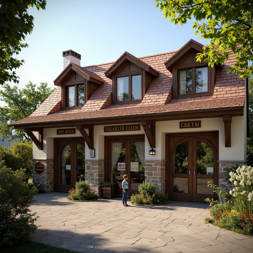 Prompt: Rustic bus station, stone fa\u00e7ade, steeply pitched roofs, curved dormer windows, ornate wooden doors, wrought iron lanterns, distressed wood accents, soft cream stucco, clay roof tiles, vintage signage, charming countryside views, lush greenery, blooming flowers, warm afternoon sunlight, shallow depth of field, 1/2 composition, intimate atmosphere, realistic textures, ambient occlusion.