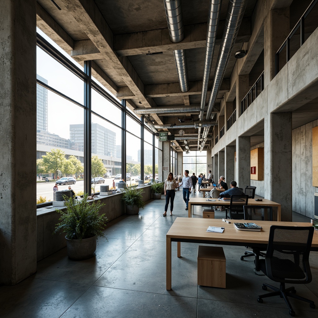 Prompt: Rugged office building, brutalist architecture, raw concrete textures, exposed ductwork, industrial pipes, metal beams, minimalist decor, functional simplicity, open floor plans, communal workspaces, natural light pouring through large windows, urban cityscape views, busy streets, morning commute, soft diffused lighting, high contrast shadows, dramatic architectural angles, 1/2 composition, cinematic framing, gritty realistic render.