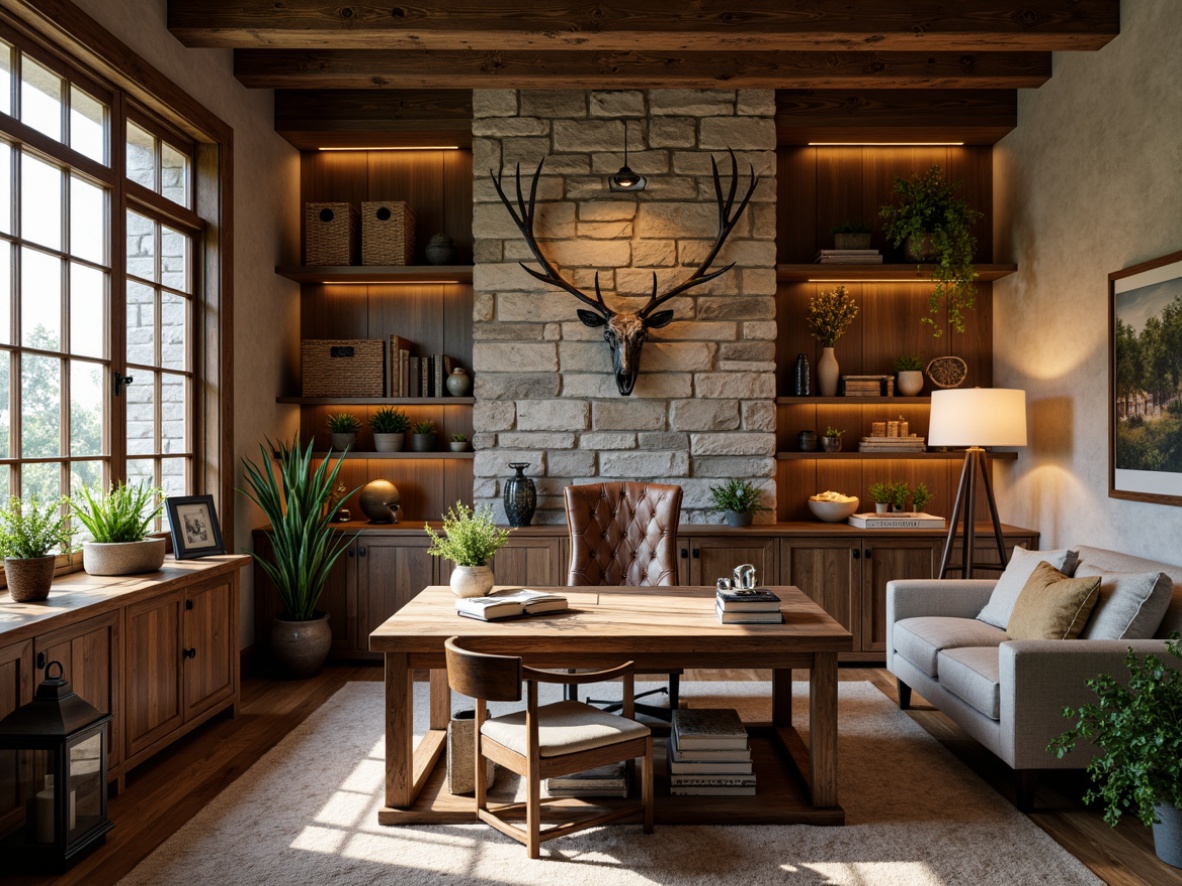 Prompt: Rustic home office, wooden desk, vintage chair, distressed wood accents, earthy color palette, stone walls, wooden beams, natural textures, woven baskets, potted plants, warm lighting, cozy atmosphere, bookshelves, leather-bound books, decorative antlers, metal lanterns, reclaimed wood floors, comfortable couch, plush throw blankets, rustic metal decor, nature-inspired artwork, soft focus, shallow depth of field, 2/3 composition, warm color grading.