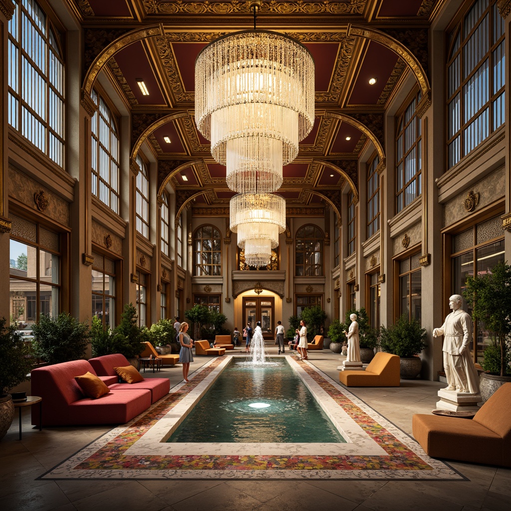 Prompt: Intricate ornate details, luxurious gold accents, lavish crystal chandeliers, plush velvet fabrics, ornamental metalwork, grandiose fountains, majestic marble statues, vibrant colorful mosaics, elegant curved lines, sophisticated modern furnishings, refined minimalist decor, ambient soft lighting, 1/1 composition, shallow depth of field, realistic textures, warm cozy atmosphere.