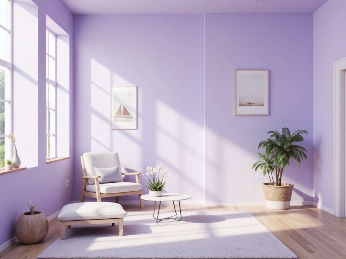 Prompt: Soft lavender blue hues, pastel purple undertones, creamy whites, warm beige accents, natural wood textures, minimalist decor, calming atmosphere, serene ambiance, gentle morning light, subtle shadowing, 1/1 composition, realistic reflections, ambient occlusion, shallow depth of field.