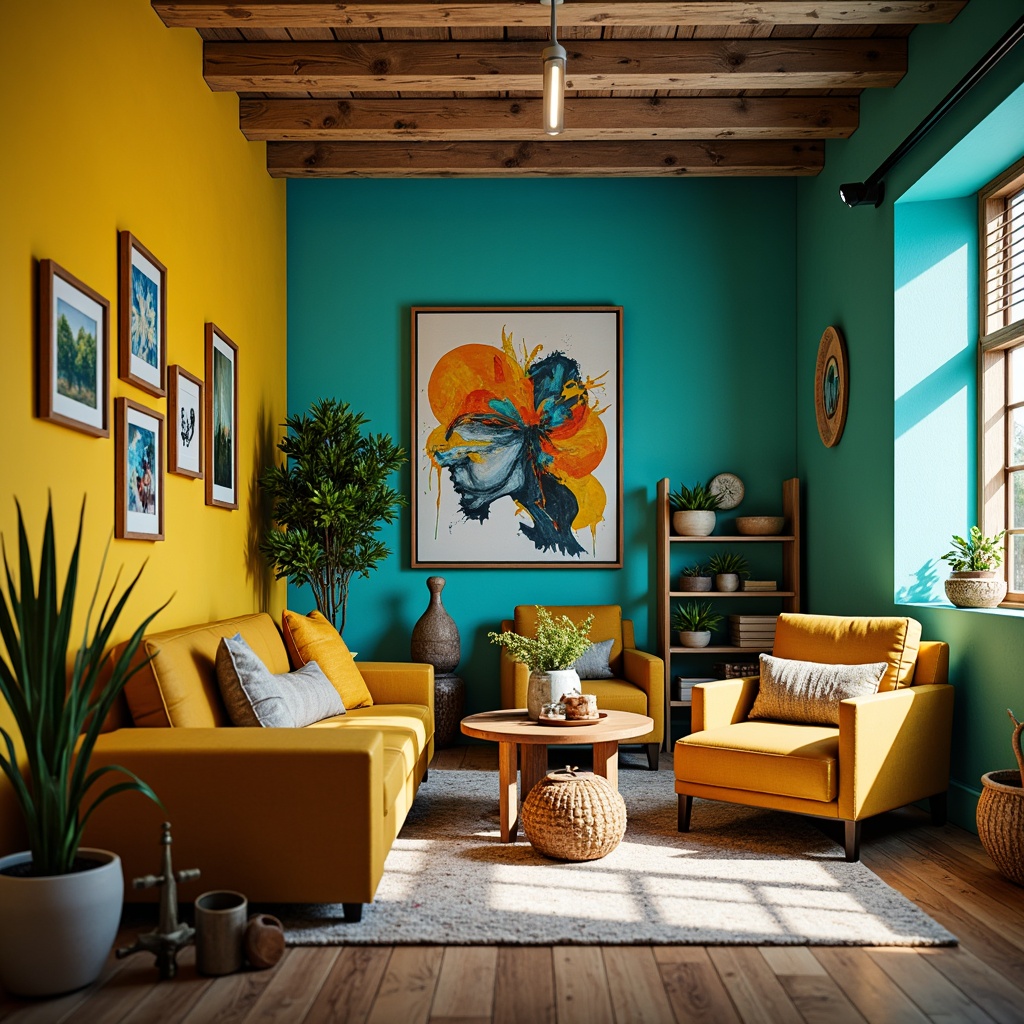 Prompt: Vibrant art studio, eclectic bohemian decor, rich turquoise walls, bold yellow accents, warm beige furniture, lush greenery, natural wood textures, abstract expressionist artwork, modern track lighting, soft warm glow, shallow depth of field, 1/1 composition, realistic renderings, ambient occlusion.