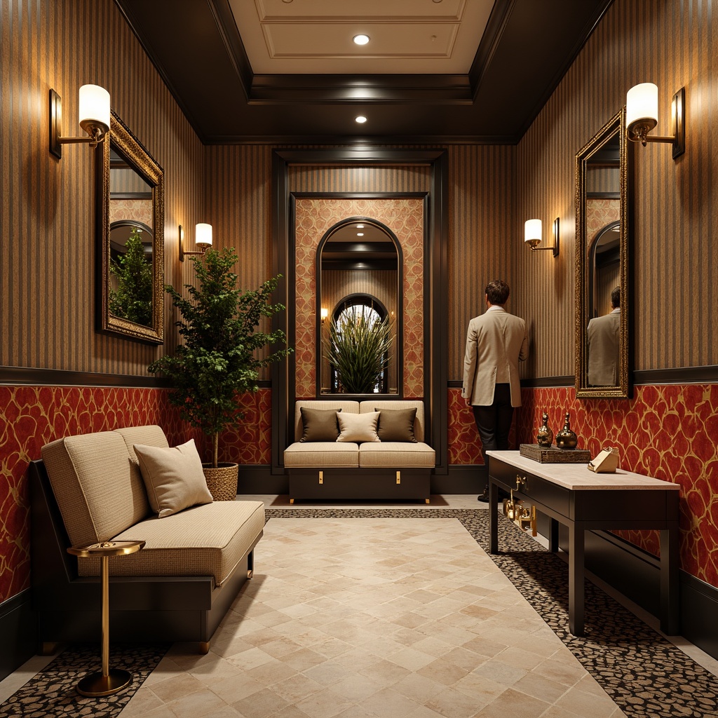 Prompt: Elegant mudroom, luxurious wall treatments, Art Deco patterns, metallic accents, geometric shapes, bold color schemes, sophisticated furniture pieces, lavish textiles, ornate mirrors, chic accessories, hexagonal tile flooring, polished chrome fixtures, ambient lighting, shallow depth of field, 3/4 composition, panoramic view, realistic textures, warm and inviting atmosphere.