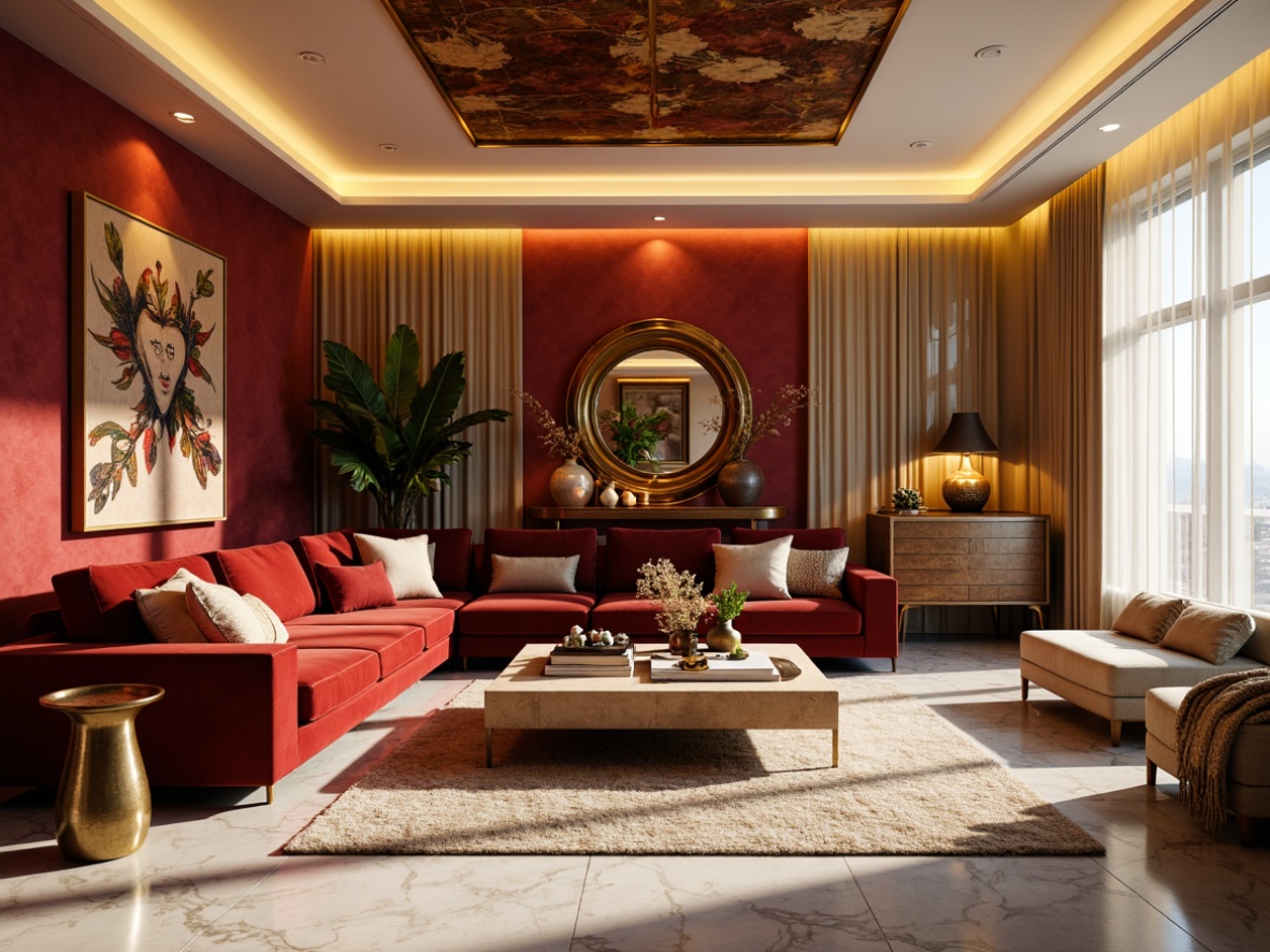 Prompt: Vibrant living room, bold accent walls, rich velvet sofas, warm golden lighting, luxurious marble floors, metallic decorative accents, statement artwork, plush area rugs, soft beige curtains, natural wood tones, earthy terracotta vases, fresh greenery, cozy reading nooks, inviting ambiance, dramatic ceiling fixtures, 3/4 composition, realistic textures, ambient occlusion.