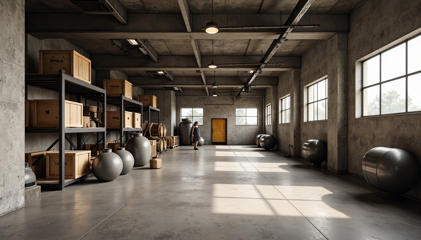 Prompt: Industrial storage room, concrete floors, metal shelves, wooden crates, angular geometric shapes, triangular supports, hexagonal containers, circular pipes, rectangular windows, natural stone walls, minimalist design, functional layout, overhead lighting, soft shadows, 3/4 composition, realistic textures, ambient occlusion.