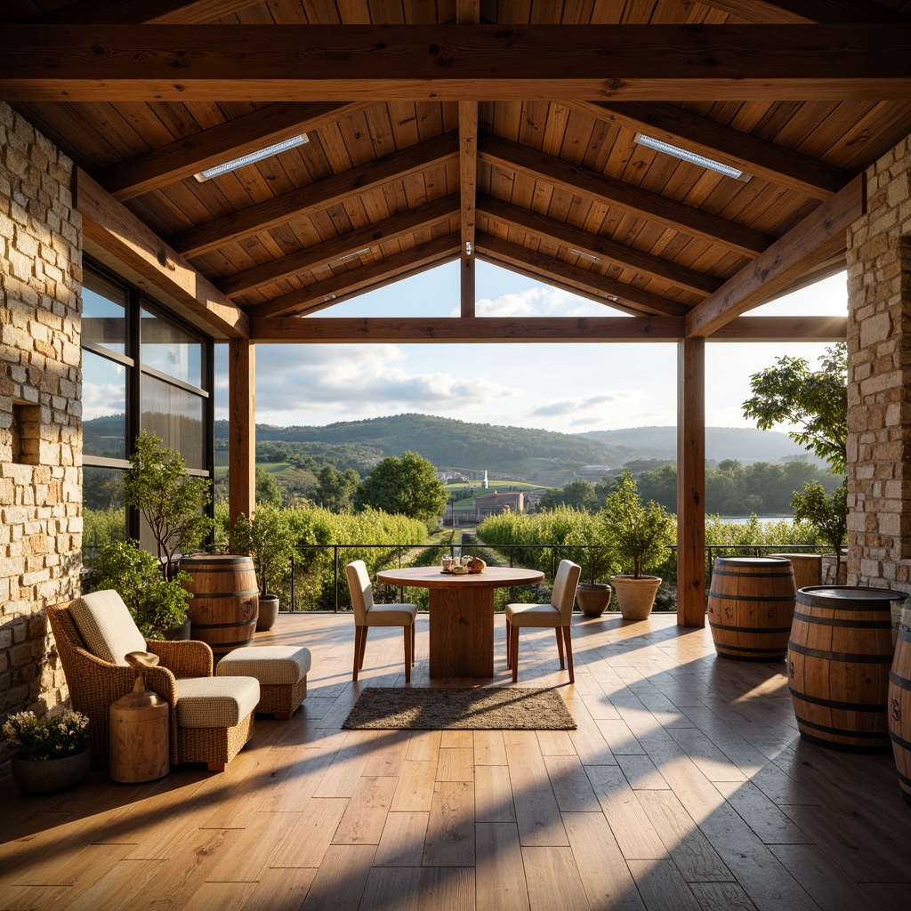 Prompt: Rustic winery, rolling vineyards, scenic countryside, warm sunny day, natural stone walls, wooden barrel aging rooms, modern steel fermentation tanks, elegant tasting areas, refined oak wood furnishings, earthy tone color palette, soft warm lighting, shallow depth of field, 1/2 composition, panoramic view, realistic textures, ambient occlusion.