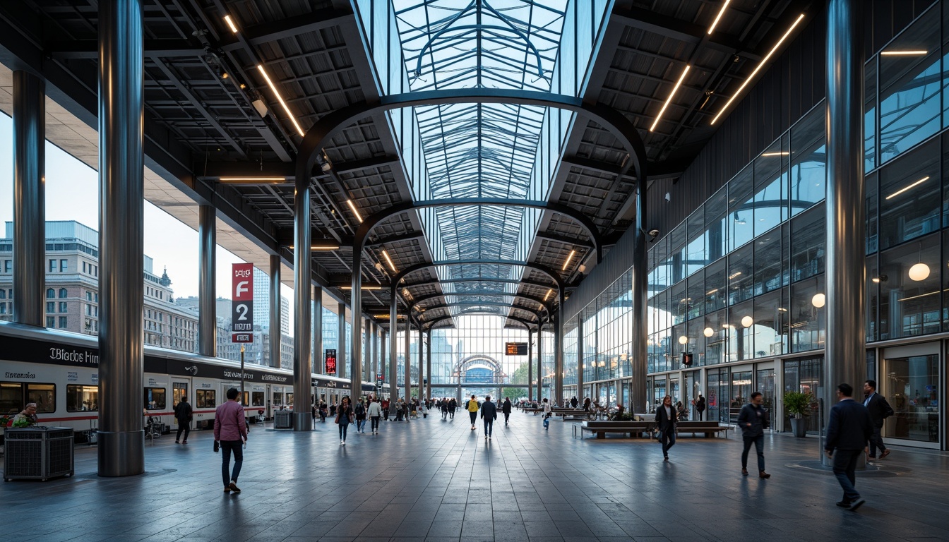 Prompt: Modern train station interior, sleek metal columns, polished granite floors, futuristic LED light installations, suspended ceiling fixtures, dynamic color-changing lights, energy-efficient lamps, minimalist design, geometric patterns, industrial-chic decor, comfortable waiting areas, ample natural light, transparent glass roofs, urban cityscape views, rush hour atmosphere, soft warm glow, shallow depth of field, 1/2 composition, realistic textures, ambient occlusion.