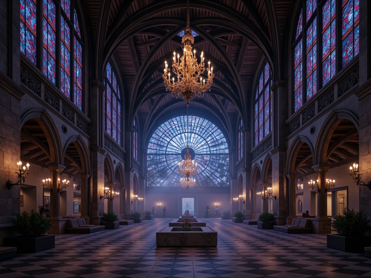 Prompt: Vaulted ceilings, ribbed arches, grandiose chandeliers, ornate stone carvings, mystical ambiance, kaleidoscopic stained glass windows, vibrant blue and red hues, intricate floral patterns, geometric shapes, majestic pillars, polished marble floors, dim warm lighting, atmospheric fog, dramatic shading, 1/2 composition, symmetrical framing, detailed textures, subtle reflections.