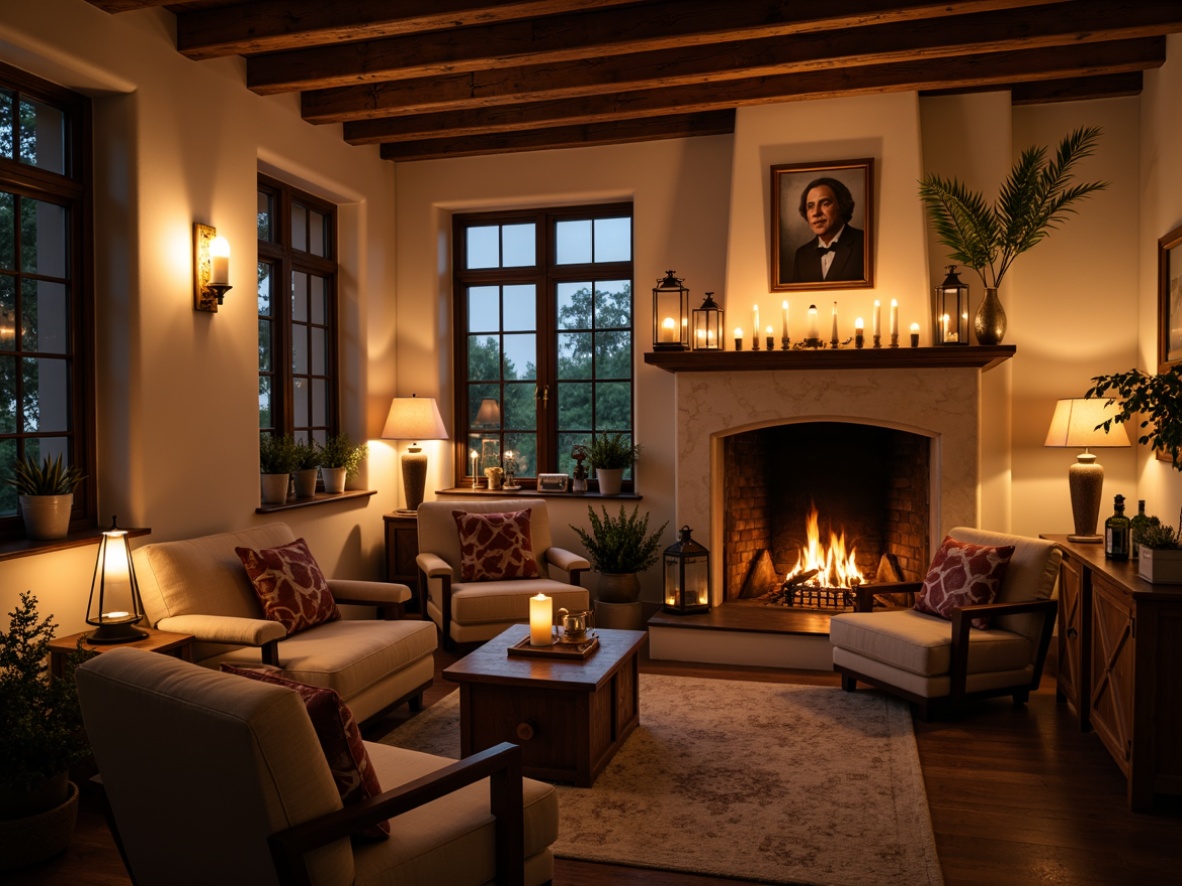 Prompt: Warm candlelight, soft warm glow, cozy reading nook, plush armchairs, crackling fireplace, rustic wooden accents, dimmable table lamps, vintage metal lanterns, creamy white walls, rich wood tones, comfortable throw blankets, inviting textiles, relaxing ambiance, subtle color palette, golden hour lighting, gentle shadows, intimate atmosphere.