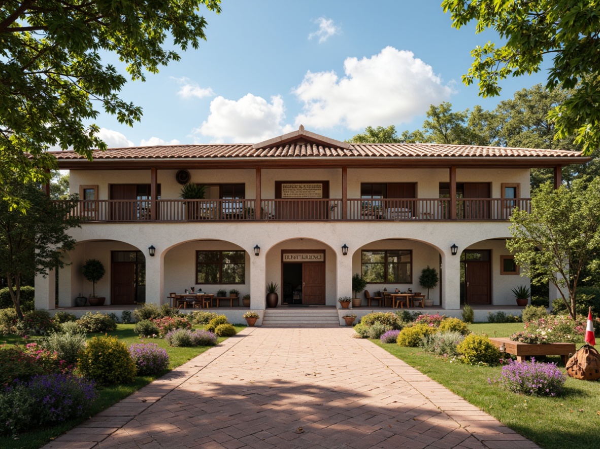 Prompt: Rustic school building, traditional architectural style, clay tile roofing, wooden shutters, arched windows, stone walls, ornate doorways, vintage educational signage, worn brick walkways, lush greenery, blooming flower beds, sunny afternoon, warm soft lighting, shallow depth of field, 3/4 composition, panoramic view, realistic textures, ambient occlusion, classic interior design, wooden desks, chalkboards, traditional lockers, nostalgic classroom atmosphere.