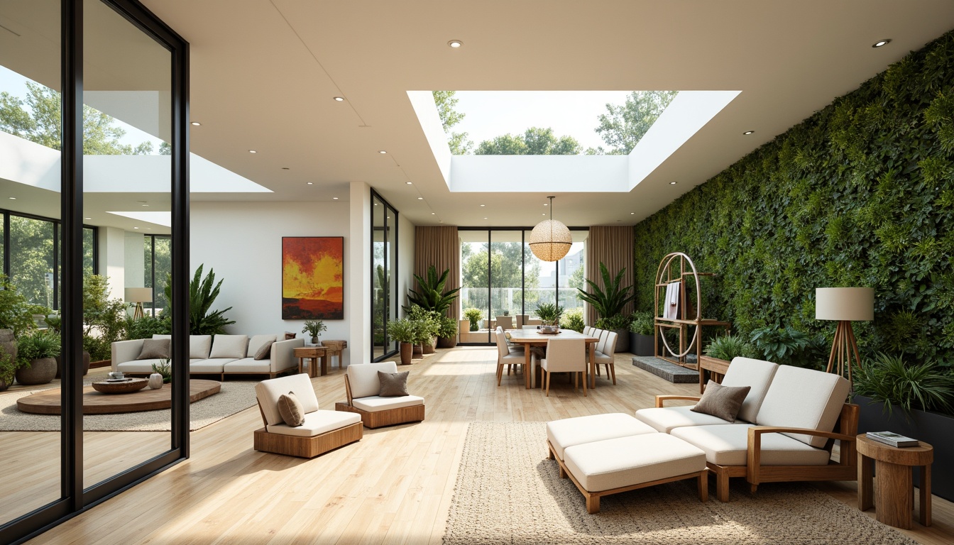 Prompt: Spacious interior, large windows, sliding glass doors, clerestory windows, skylights, reflective surfaces, polished wood floors, bright color schemes, minimal obstructions, open floor plans, curved lines, organic shapes, natural textiles, woven fibers, earthy tones, verdant plants, green walls, living walls, airy atmosphere, warm sunny day, soft diffused lighting, 1/1 composition, realistic renderings, subtle shadows.