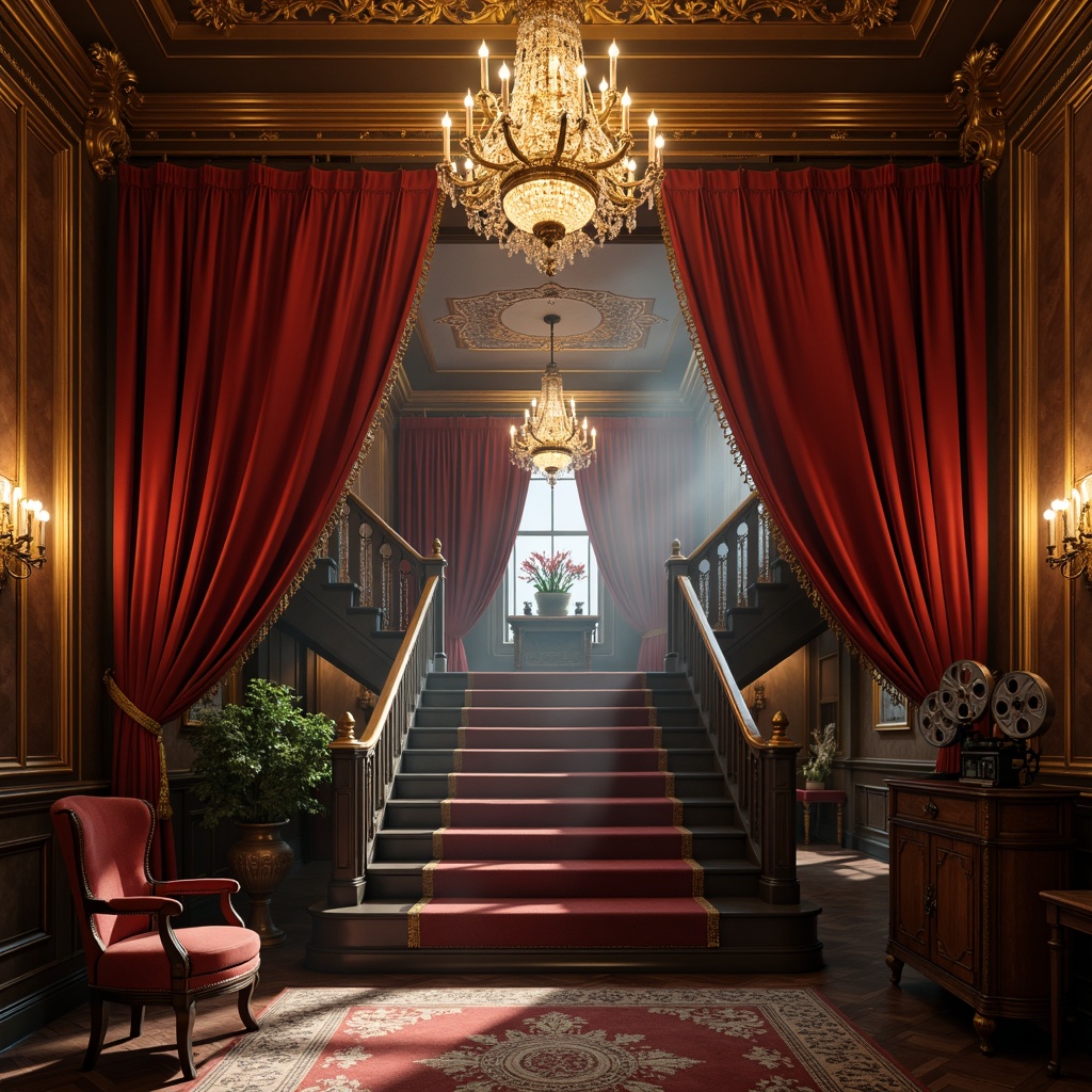 Prompt: Opulent Victorian cinema, rich red velvet curtains, golden ornate details, crystal chandeliers, warm soft lighting, atmospheric fog effects, mysterious shadows, grand staircases, lavish furnishings, intricate moldings, cinematic props, vintage cameras, film reels, nostalgic ambiance, warm color palette, low-key lighting, high-contrast ratios, dramatic spotlights, subtle fill lights, 1/2 composition, cinematic framing, realistic textures, ambient occlusion.