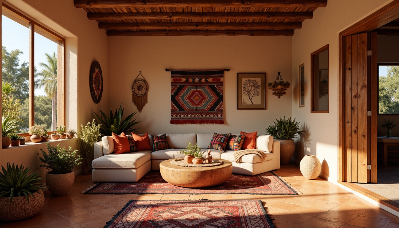 Prompt: Vibrant southwestern-inspired craft room, earthy terracotta flooring, rustic wooden furniture, woven textiles, colorful Navajo blankets, geometric patterned rugs, plush pillows, natural fiber wall hangings, handmade ceramic vases, desert botanicals, warm golden lighting, soft shadows, 1/2 composition, intimate atmosphere, realistic textures, ambient occlusion.