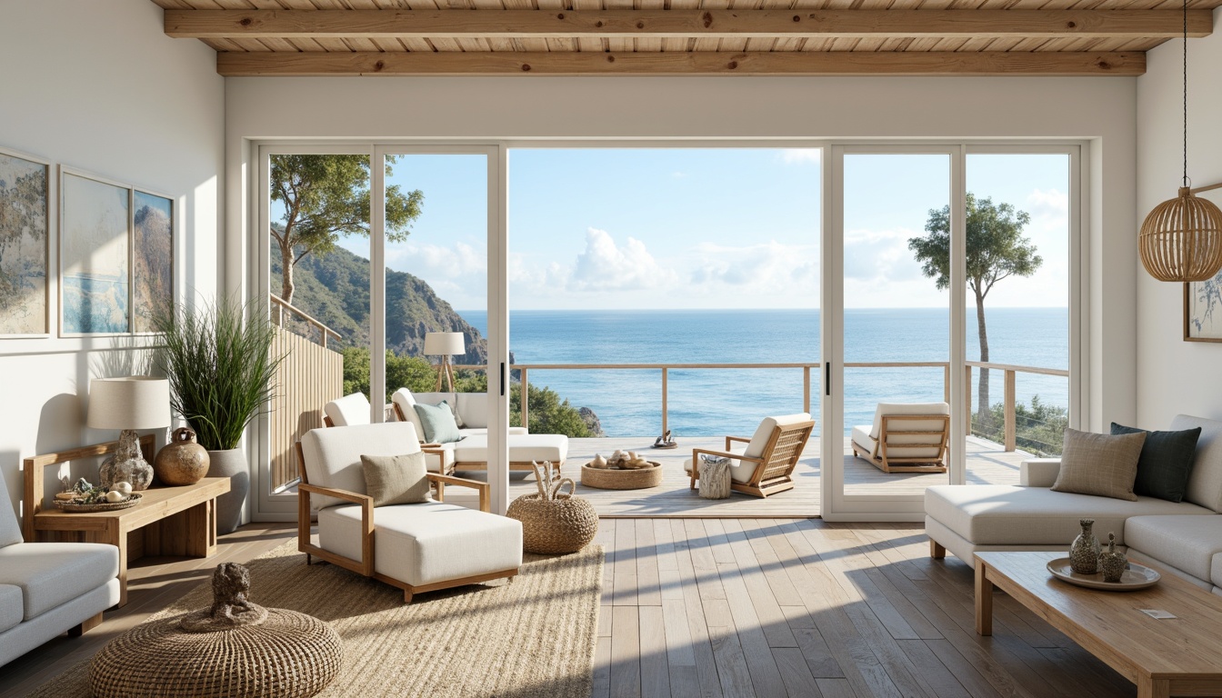 Prompt: Light-filled open floor plan, coastal chic decor, airy living spaces, beach-inspired color palette, driftwood accents, nautical ropes, ocean-blue hues, creamy whites, sandy neutrals, natural textiles, woven sea grass, reclaimed wood floors, sliding glass doors, panoramic ocean views, endless blue skies, warm sunny days, soft diffused lighting, shallow depth of field, 3/4 composition, realistic textures, ambient occlusion.