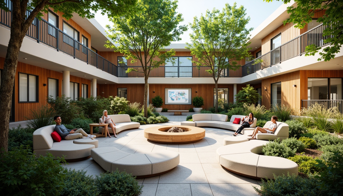 Prompt: Vibrant open courtyard, lush greenery, natural stone seating areas, collaborative learning spaces, flexible modular furniture, interactive whiteboards, cozy reading nooks, wooden accent walls, modern minimalist architecture, abundant natural light, soft warm lighting, shallow depth of field, 3/4 composition, panoramic view, realistic textures, ambient occlusion.