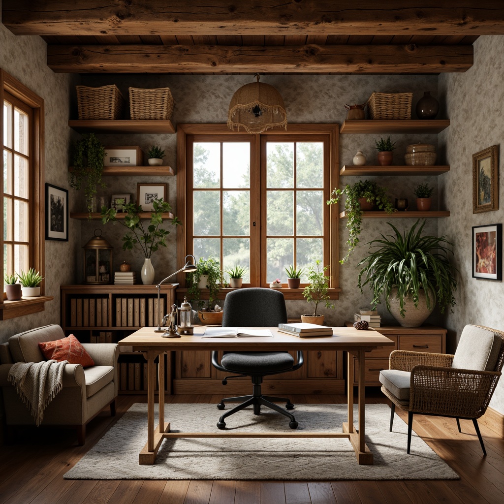 Prompt: Rustic home office, wooden desk, vintage metal chair, reclaimed wood shelves, earthy color palette, natural stone walls, woven basket storage, potted greenery, distressed leather armchair, antique metal lanterns, warm candlelight, cozy throw blankets, wooden picture frames, nature-inspired artwork, aged wooden crates, industrial metal decor, rough-hewn wooden beams, soft warm lighting, shallow depth of field, 3/4 composition, realistic textures.