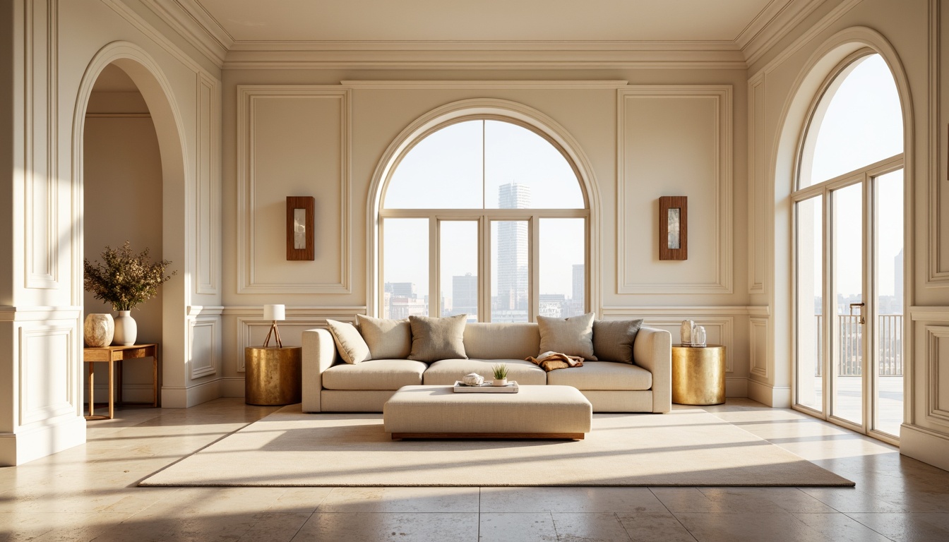 Prompt: Monochromatic interior, soft pastel hues, calming atmosphere, warm beige walls, creamy white trim, rich wood accents, plush velvet furniture, metallic gold decor, natural stone flooring, large windows, abundant sunlight, softbox lighting, 1/1 composition, harmonious color harmony, subtle texture contrast, elegant minimalist style.