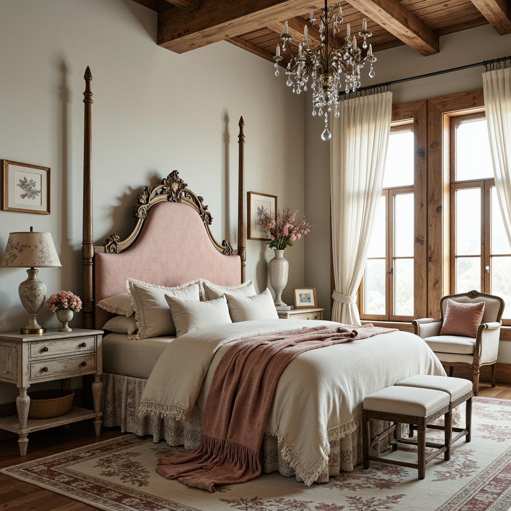 Prompt: Vintage distressed wood furniture, soft pastel colors, lace trimmings, floral patterned fabrics, ornate metal frames, distressed finishes, velvet upholstery, tufted headboards, antique hardware, rustic wooden accents, linen drapes, crystal chandeliers, feminine decorative accessories, romantic ambiance, warm soft lighting, cozy textiles, layered rugs, eclectic mix of patterns and textures.