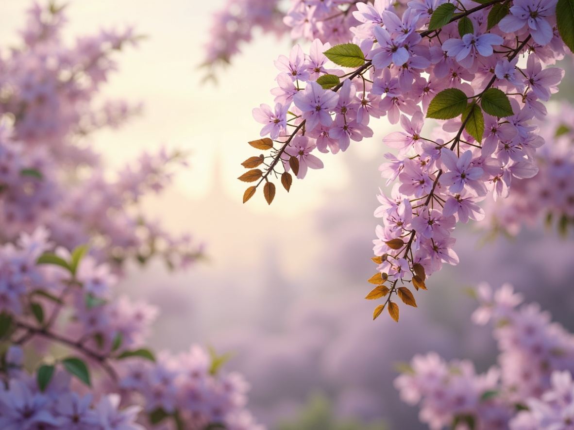 Prompt: Lavish Wisteria-inspired color scheme, soft pastel hues, gentle purple shades, delicate lilac tones, creamy whites, warm beige accents, subtle grey undertones, natural wood textures, floral patterns, whimsical illustrations, dreamy ambiance, soft focus, shallow depth of field, 1/1 composition, warm golden lighting, romantic atmosphere.