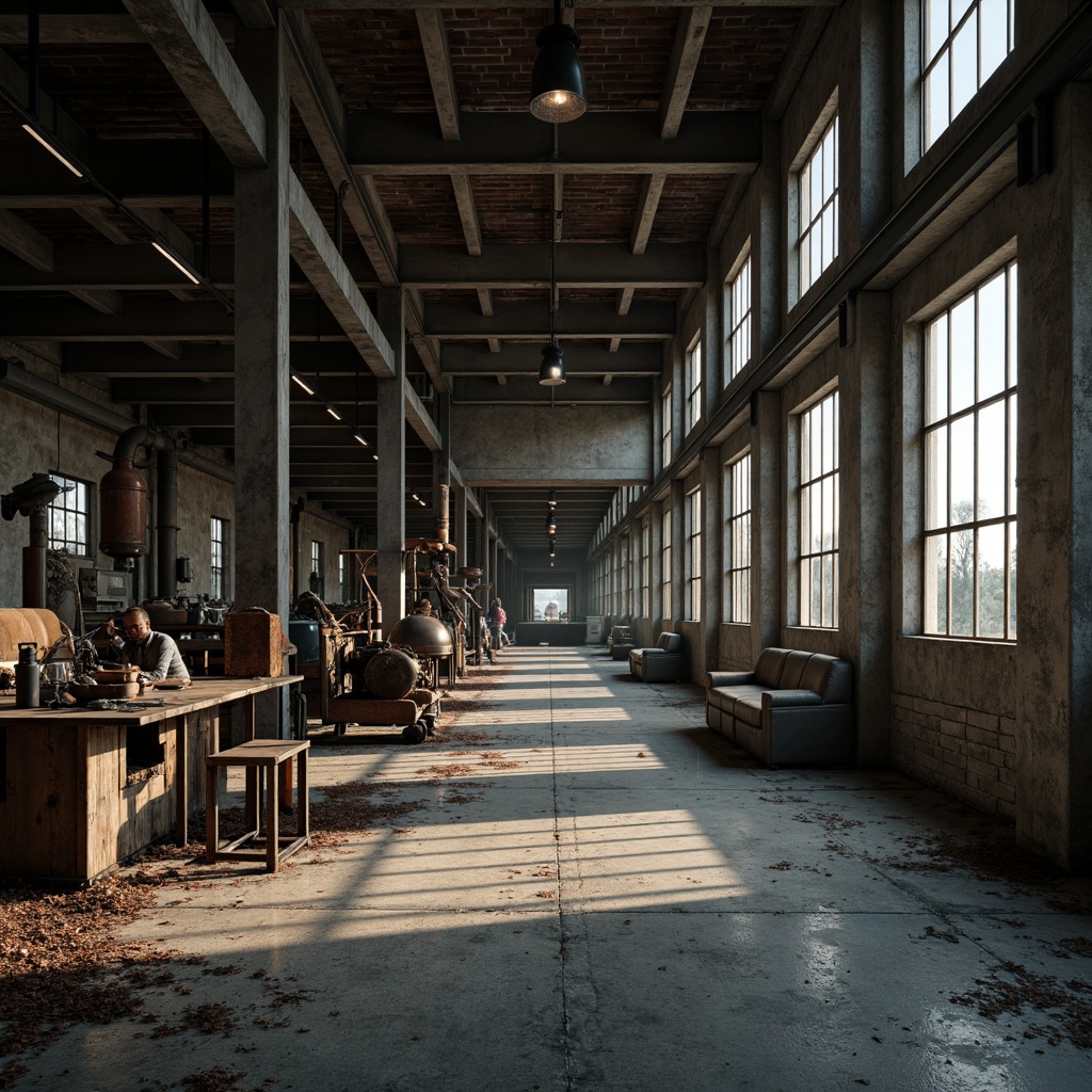 Prompt: Industrial landscape, abandoned factories, rusted machinery, worn concrete floors, exposed brick walls, metal beams, dimly lit atmosphere, soft natural light, minimal decor, monochromatic color scheme, reclaimed wood accents, metal pipes, functional lighting, distressed textures, cinematic composition, shallow depth of field, 3/4 aspect ratio, gritty realistic rendering.