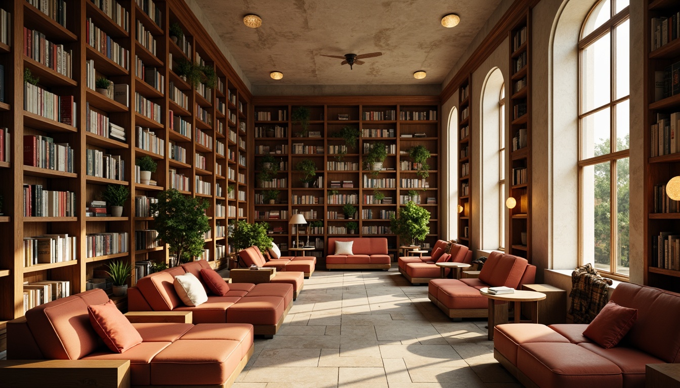 Prompt: Warm library atmosphere, comfortable seating areas, plush sofas, wooden tables, soft cushions, floor lamps, natural stone floors, tall bookshelves, cozy reading nooks, quiet study spaces, warm beige walls, large windows, abundant natural light, subtle warm lighting, shallow depth of field, 1/1 composition, realistic textures, ambient occlusion.