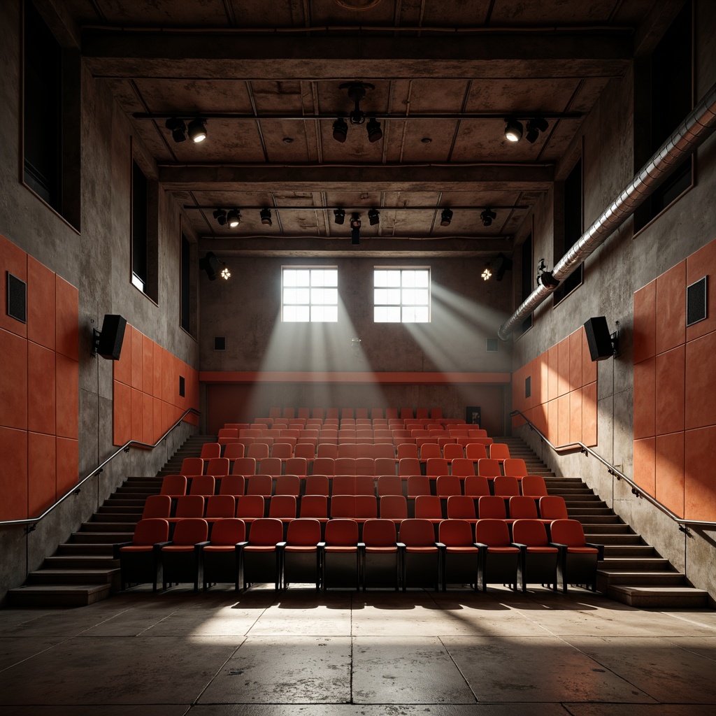 Prompt: Minimalist auditorium, industrial chic atmosphere, exposed ductwork, concrete floors, steel beams, functional lighting fixtures, geometric shapes, primary color accents, brutalist architecture, dramatic spotlights, warm ambient glow, softbox lighting, diffused sidelighting, 1/2 composition, low-angle shot, cinematic mood, high-contrast ratio, film noir inspiration, avant-garde aesthetic.