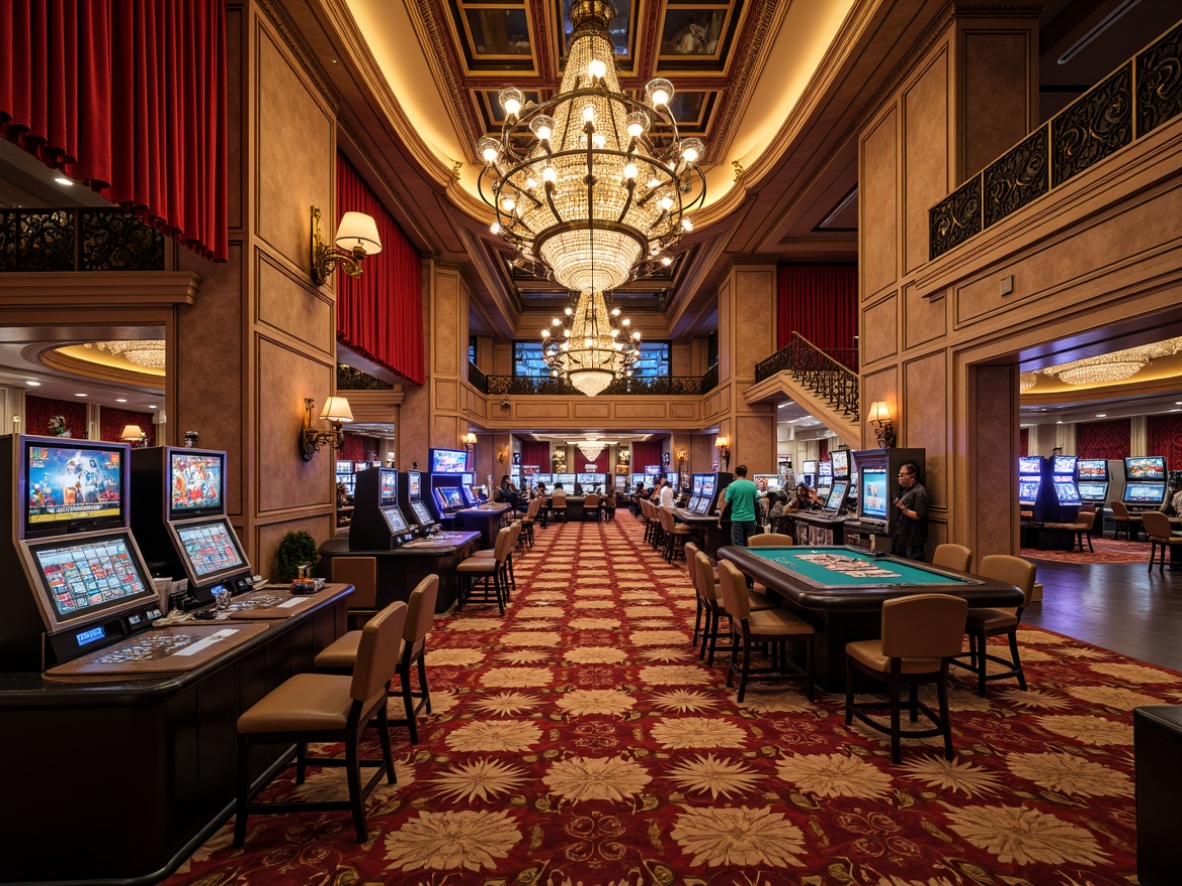 Prompt: Luxurious casino interior, ornate chandeliers, rich velvet drapes, lavish furnishings, gold accents, marble floors, intricate patterns, vibrant neon lights, flashing slot machines, roulette tables, poker rooms, grand staircases, opulent ceilings, warm ambient lighting, shallow depth of field, 1/1 composition, realistic textures, dramatic shadows.