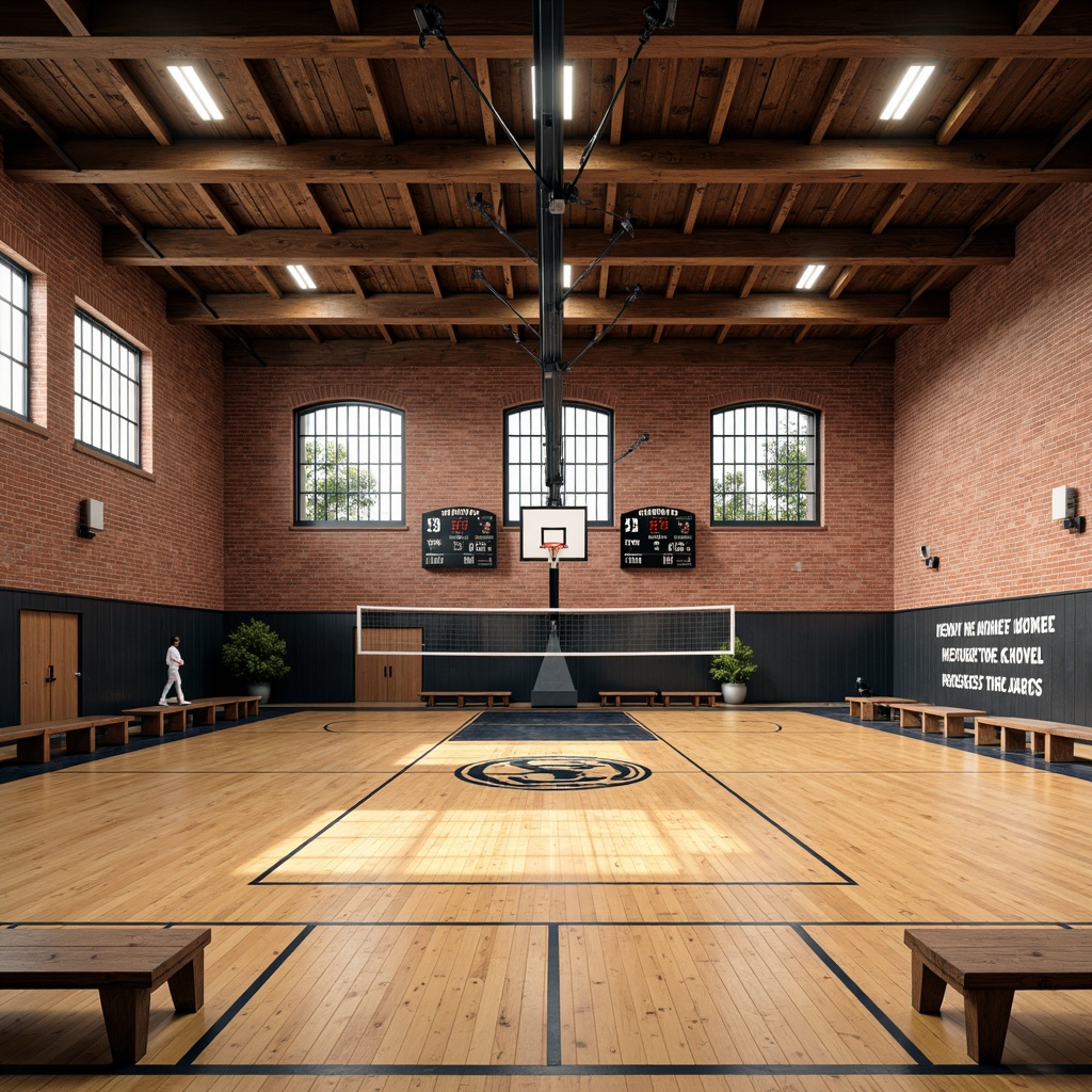 Prompt: Rustic gymnasium interior, exposed brick walls, industrial metal beams, polished wooden floors, modern athletic equipment, basketball hoops, volleyball nets, scoreboards, motivational quotes, natural stone accents, reclaimed wood benches, earthy color palette, warm soft lighting, shallow depth of field, 1/2 composition, realistic textures, ambient occlusion.