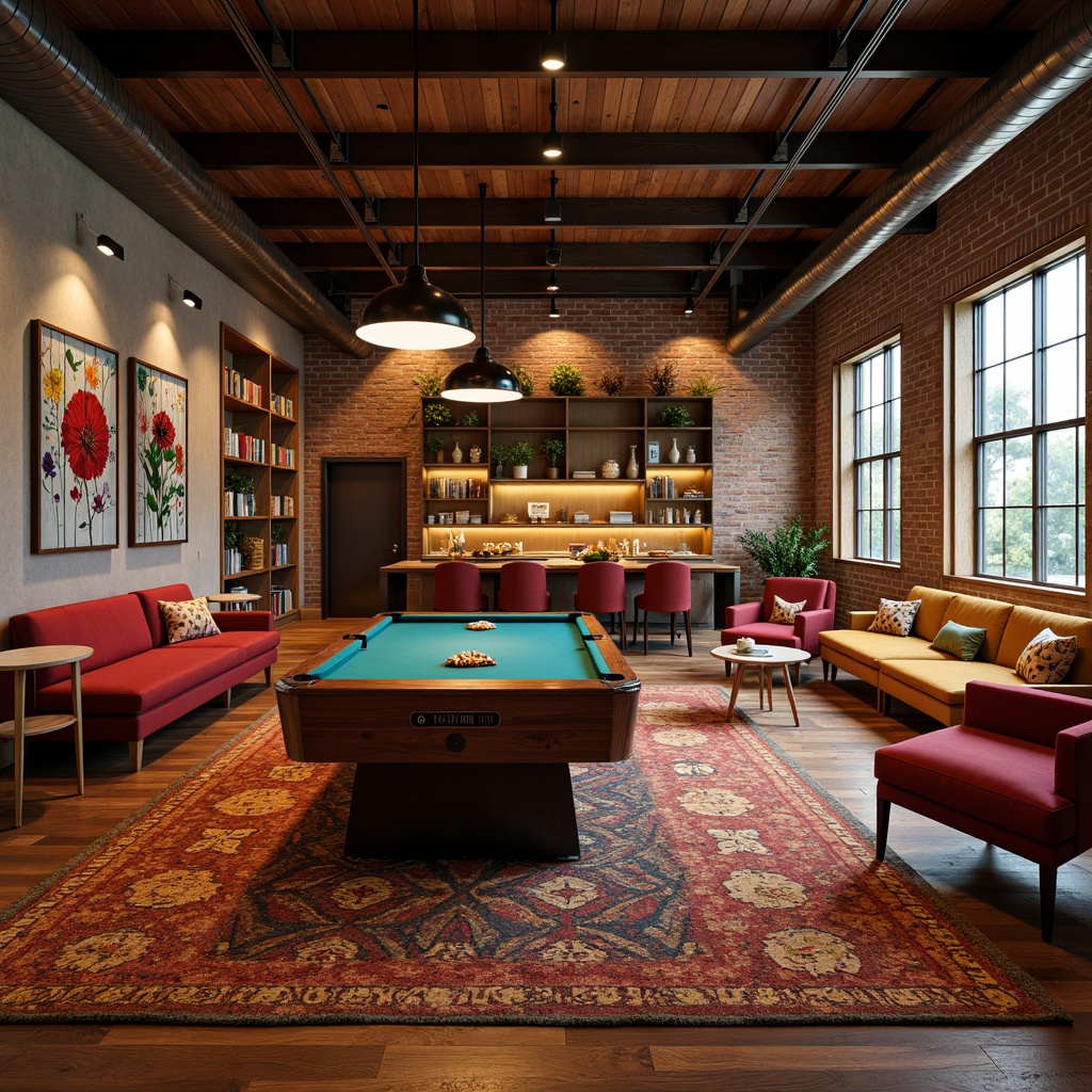 Prompt: \Retro game room, mid-century modern style, warm wooden flooring, rich walnut tones, geometric patterned rugs, bold colored accents, funky vintage decorations, cozy reading nooks, statement lighting fixtures, industrial metal beams, exposed brick walls, urban loft vibe, dramatic high ceilings, natural stone accent walls, plush sectional sofas, abstract artwork, eclectic decorative objects, soft warm lighting, shallow depth of field, 1/1 composition, cinematic view.\Let me know if this meets your requirements!