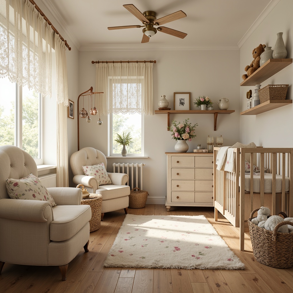 Prompt: Whimsical baby room, vintage distressed wood furniture, soft pastel colors, floral patterns, lace curtains, cream-colored walls, plush area rugs, antique wooden cribs, delicate mobiles, tender teddy bears, woven baskets, natural fiber textiles, warm beige tones, cozy reading nooks, rustic wooden shelves, decorative porcelain vases, gentle warm lighting, shallow depth of field, 1/1 composition, soft focus, realistic textures.